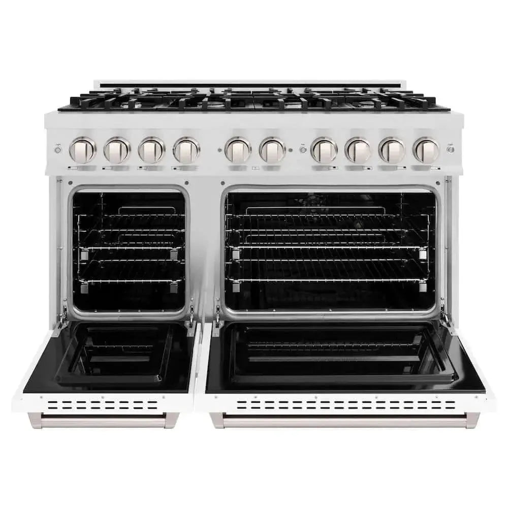ZLINE 48"Classic Gas Range, Convection Gas Oven, DuraSnow® Stainless Steel, White Matte Door CGRS-WM-48 by Farmhouse Kitchen and Bath