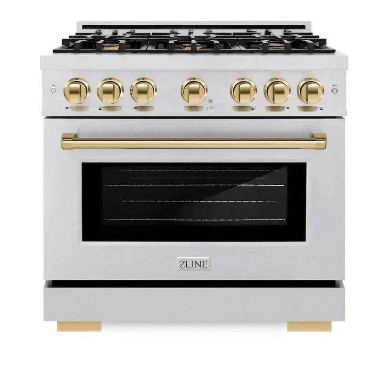 ZLINE 36" Select Dual Fuel Range Gas Cooktop Electric Convection Oven DuraSnow® Stainless Steel Gold HDRSZ-36-G by Farmhouse Kitchen and Bath