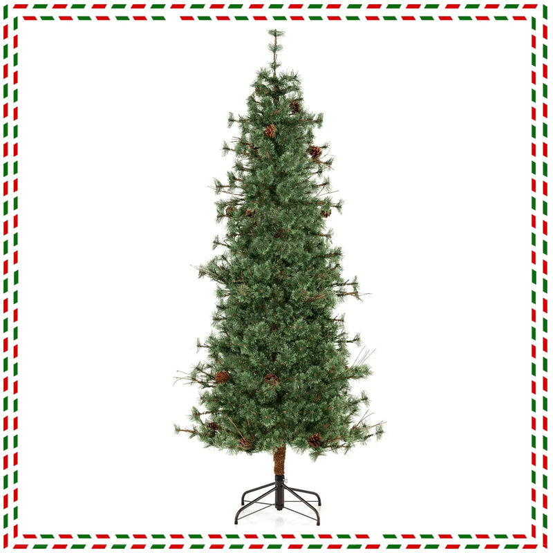 6/7/8 Feet Artificial Christmas Tree Pre-lit Hinged Xmas Tree with Warm White LED Lights and Pine Cones by DirectDeals
