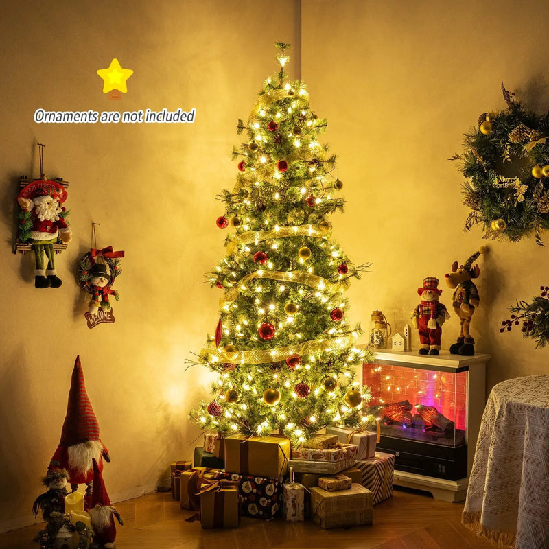6/7/8 Feet Artificial Christmas Tree Pre-lit Hinged Xmas Tree with Warm White LED Lights and Pine Cones by DirectDeals