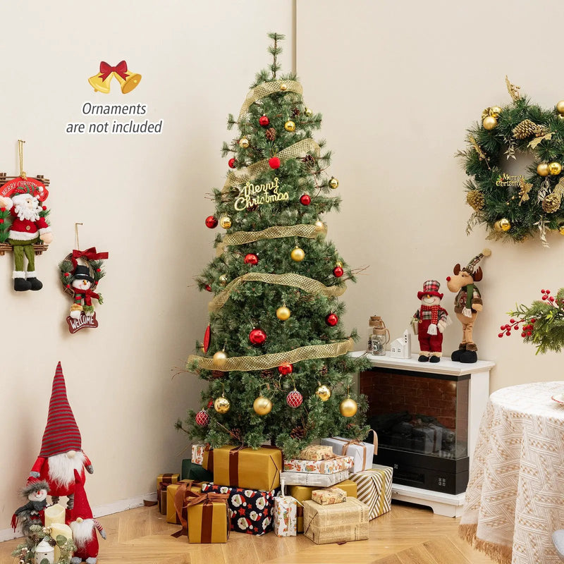 6/7/8 Feet Artificial Christmas Tree Pre-lit Hinged Xmas Tree with Warm White LED Lights and Pine Cones by DirectDeals