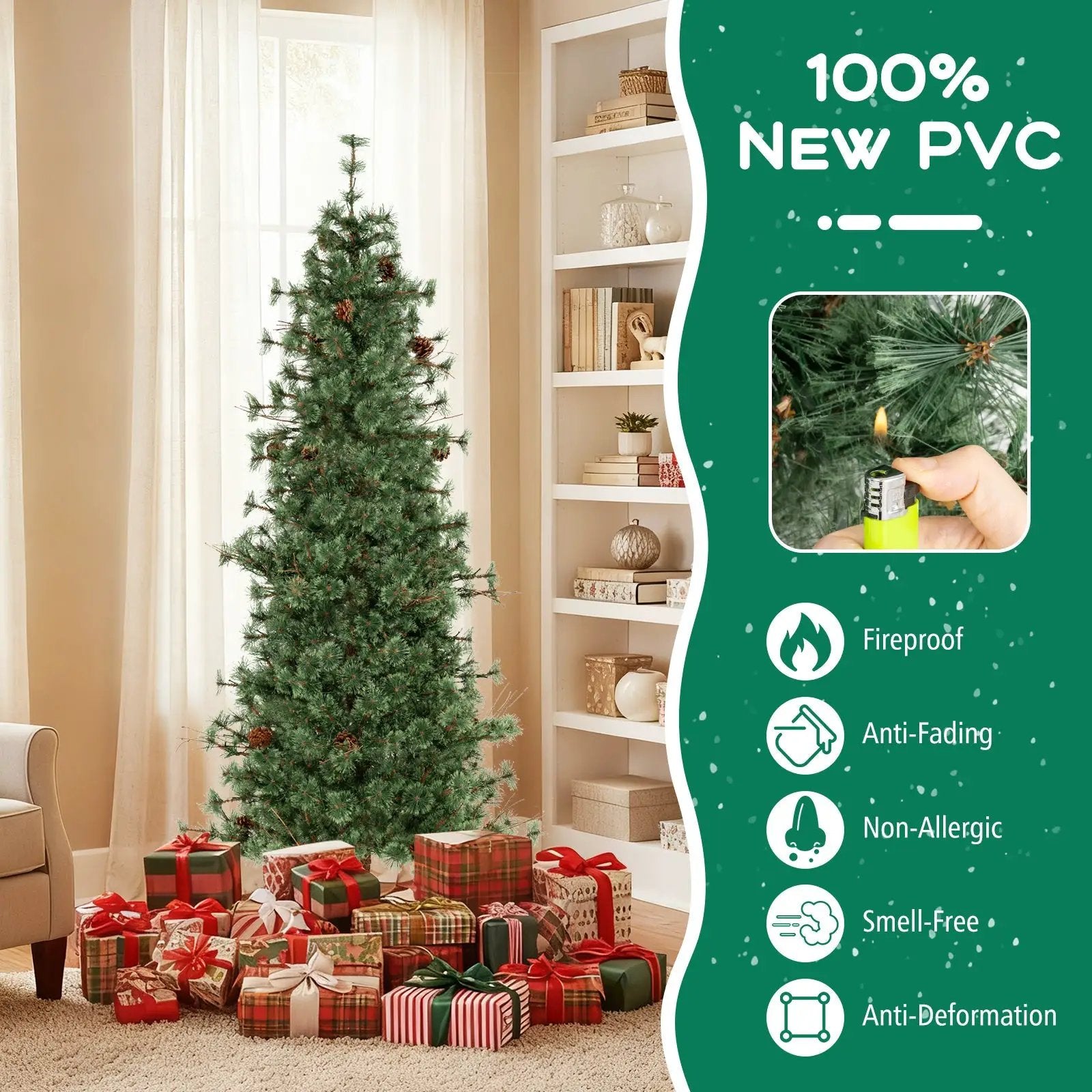 6/7/8 Feet Artificial Christmas Tree Pre-lit Hinged Xmas Tree with Warm White LED Lights and Pine Cones by DirectDeals