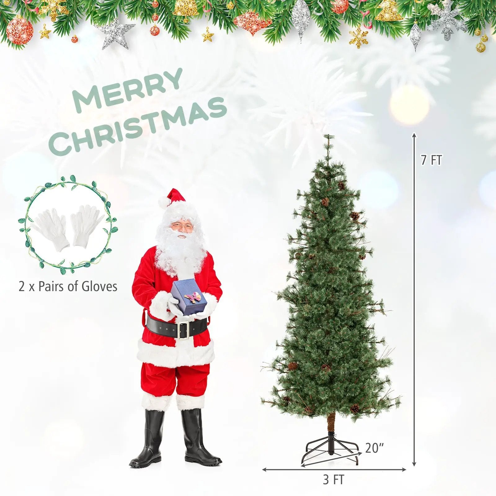 6/7/8 Feet Artificial Christmas Tree Pre-lit Hinged Xmas Tree with Warm White LED Lights and Pine Cones by DirectDeals