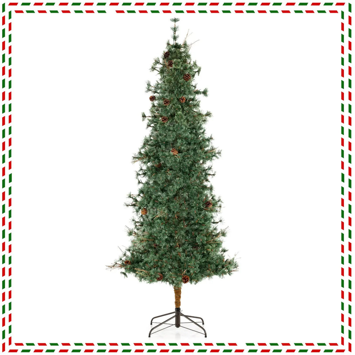6/7/8 Feet Artificial Christmas Tree Pre-lit Hinged Xmas Tree with Warm White LED Lights and Pine Cones by DirectDeals