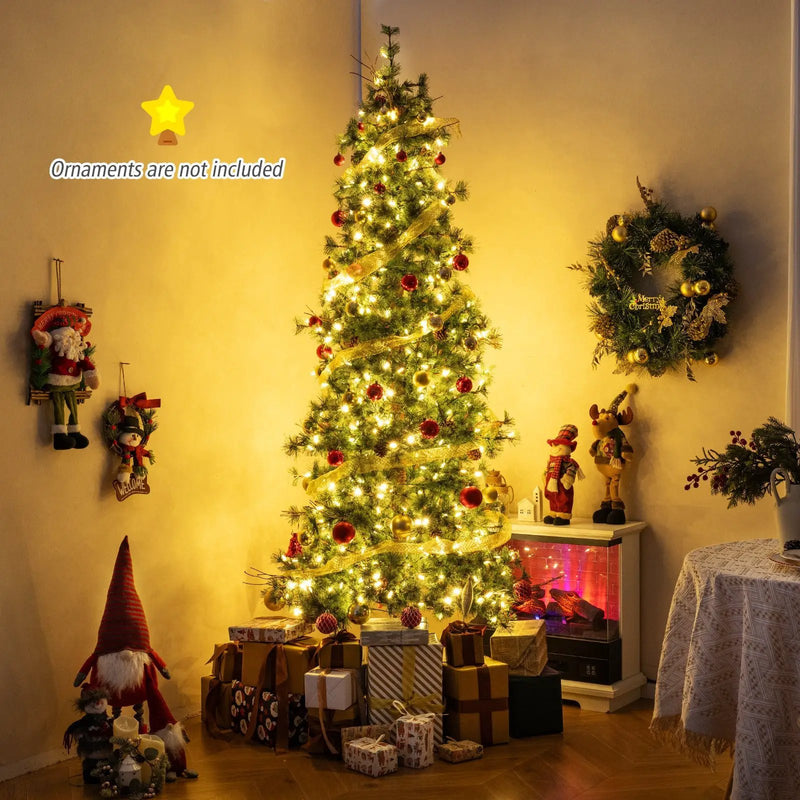 6/7/8 Feet Artificial Christmas Tree Pre-lit Hinged Xmas Tree with Warm White LED Lights and Pine Cones by DirectDeals