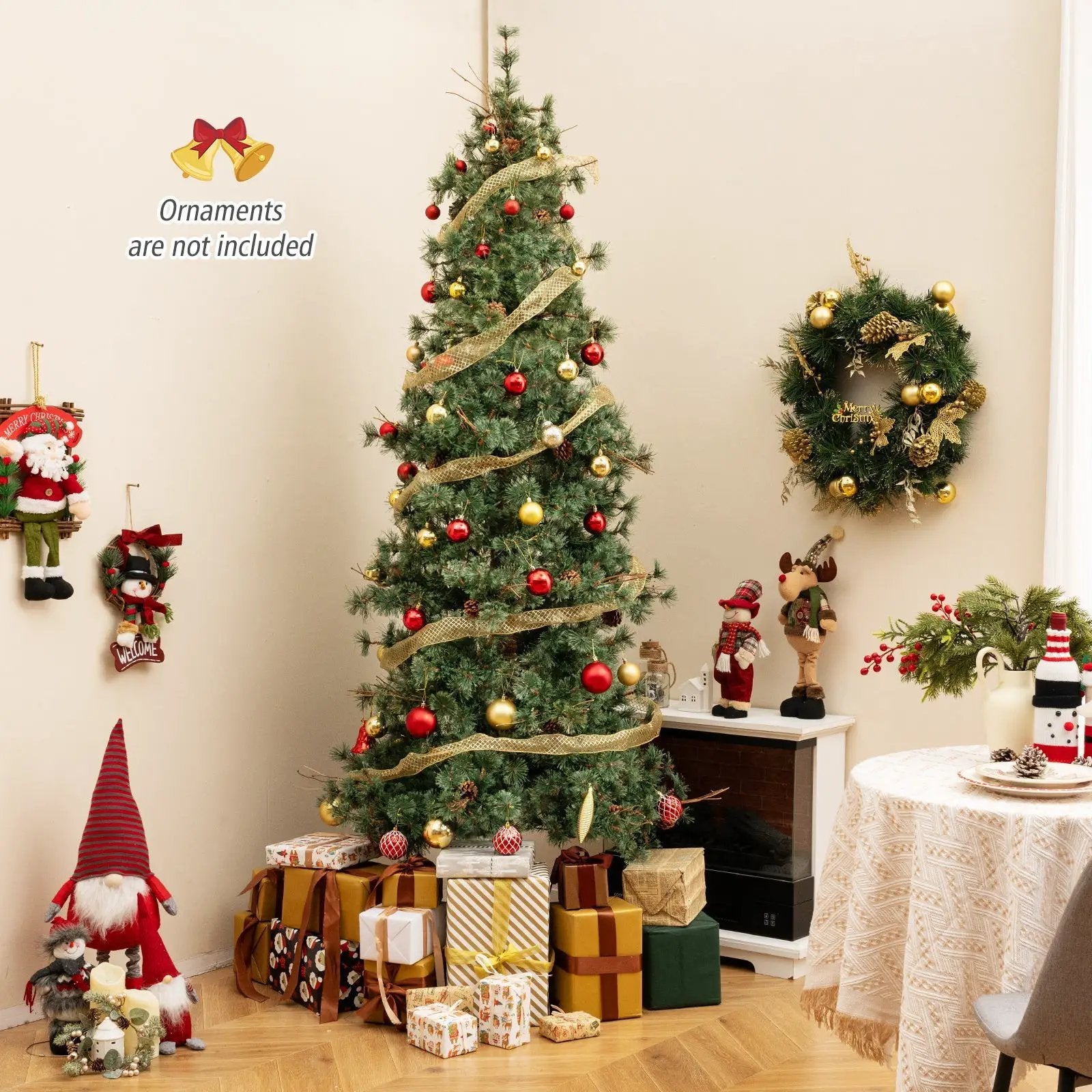 6/7/8 Feet Artificial Christmas Tree Pre-lit Hinged Xmas Tree with Warm White LED Lights and Pine Cones by DirectDeals