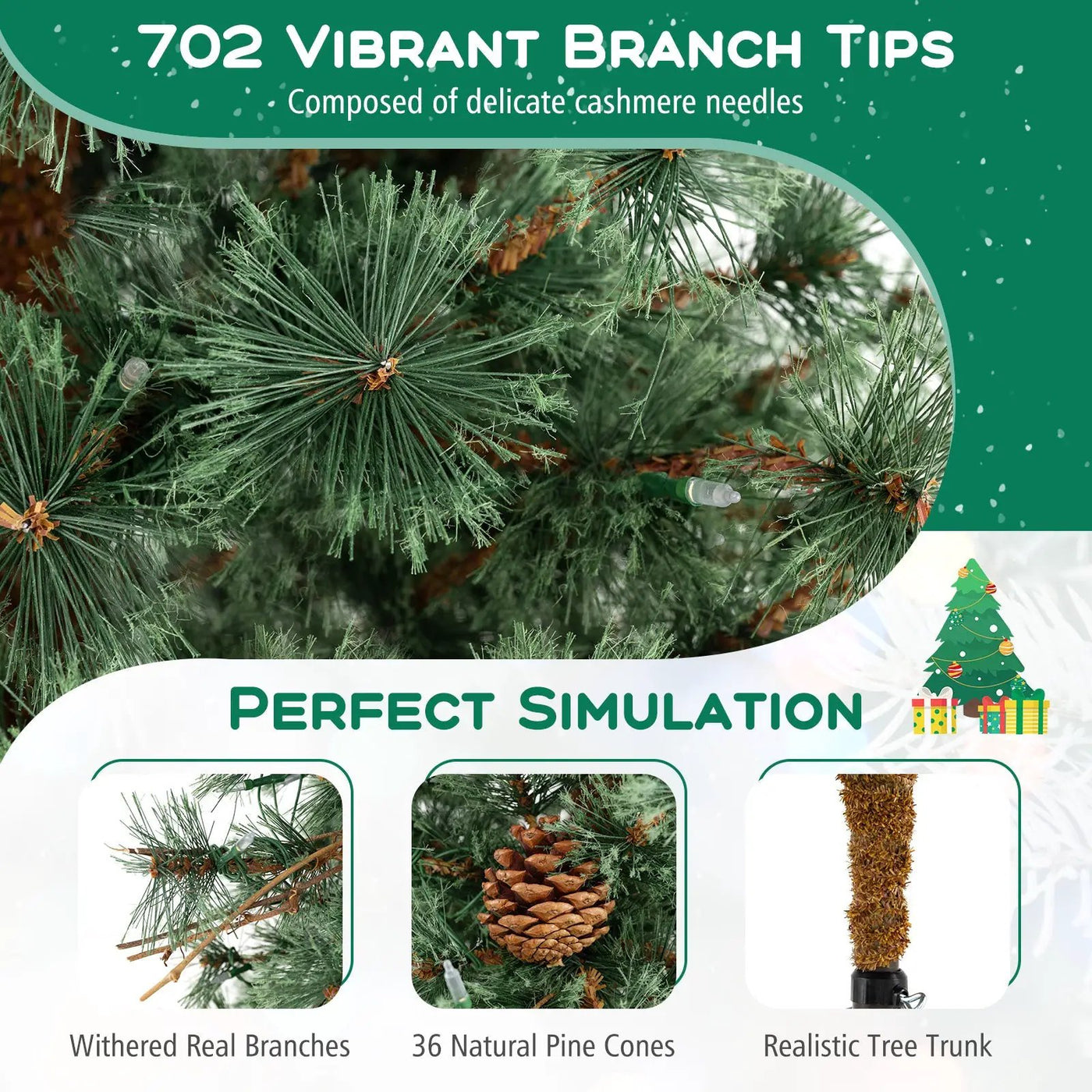 6/7/8 Feet Artificial Christmas Tree Pre-lit Hinged Xmas Tree with Warm White LED Lights and Pine Cones by DirectDeals