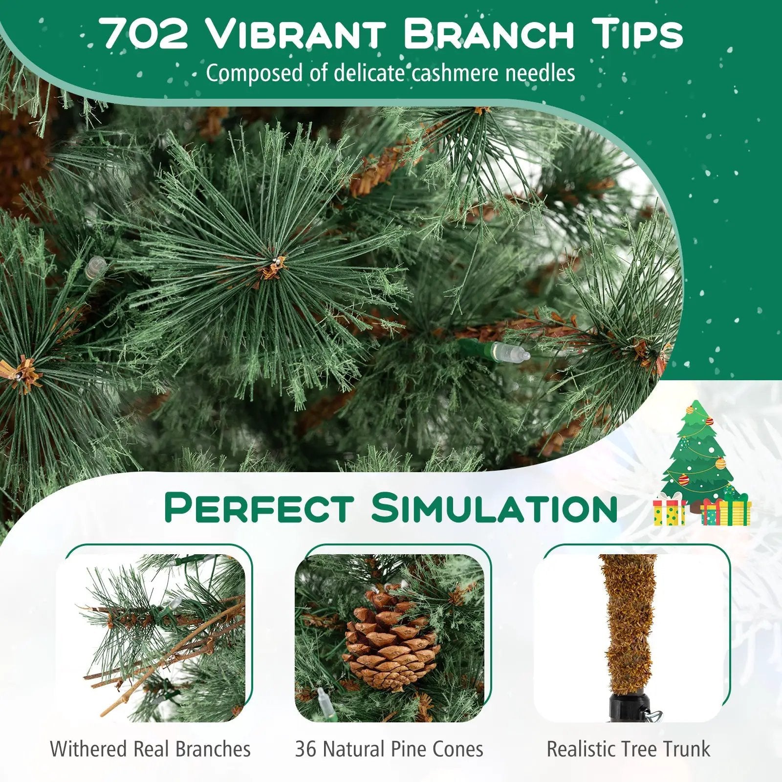 6/7/8 Feet Artificial Christmas Tree Pre-lit Hinged Xmas Tree with Warm White LED Lights and Pine Cones by DirectDeals