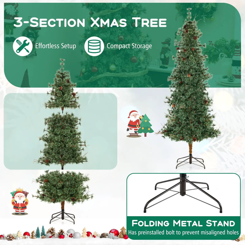 6/7/8 Feet Artificial Christmas Tree Pre-lit Hinged Xmas Tree with Warm White LED Lights and Pine Cones by DirectDeals