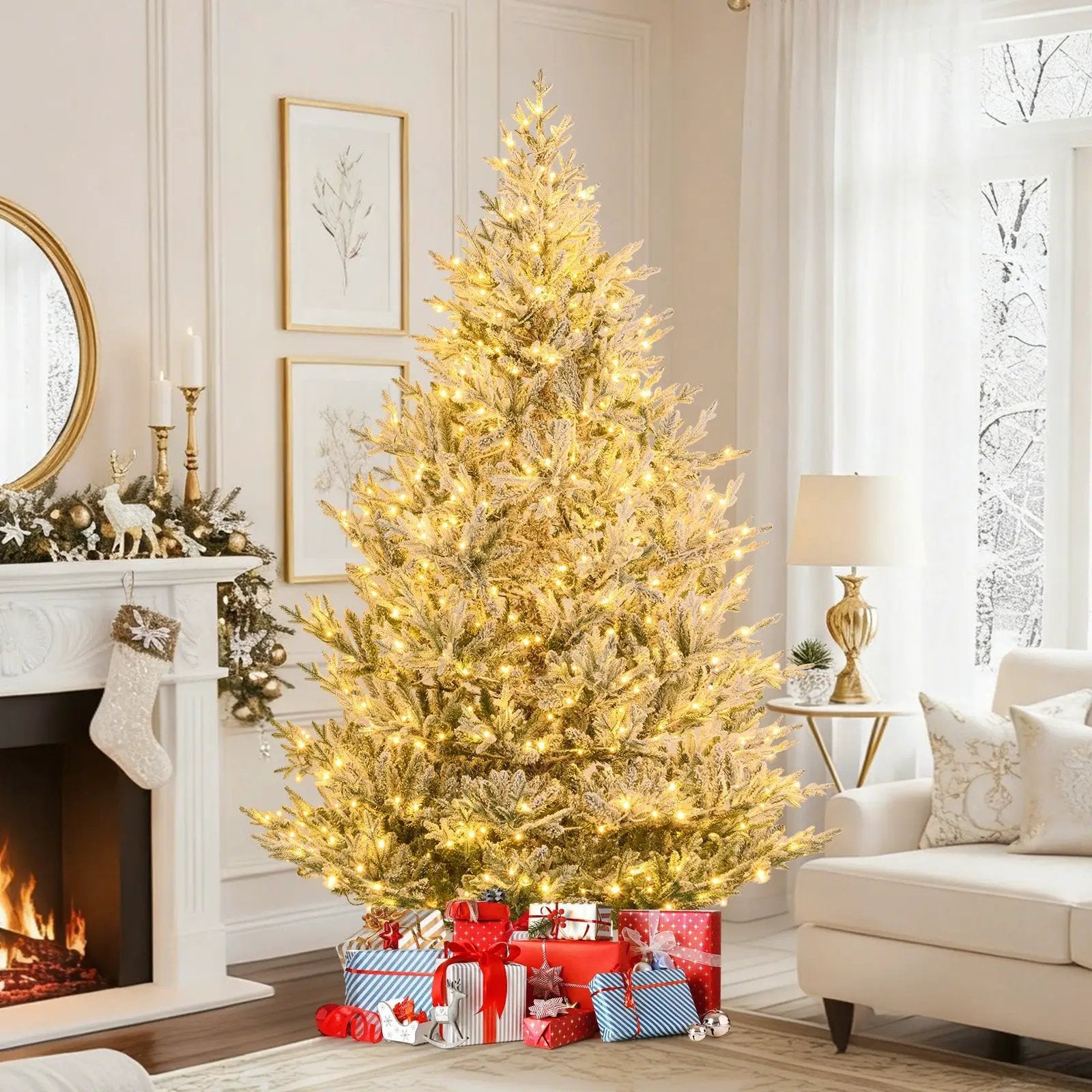 6/7/8 Feet Pre-Lit Artificial Christmas Tree Hinged Snow Flocked Xmas Tree by DirectDeals