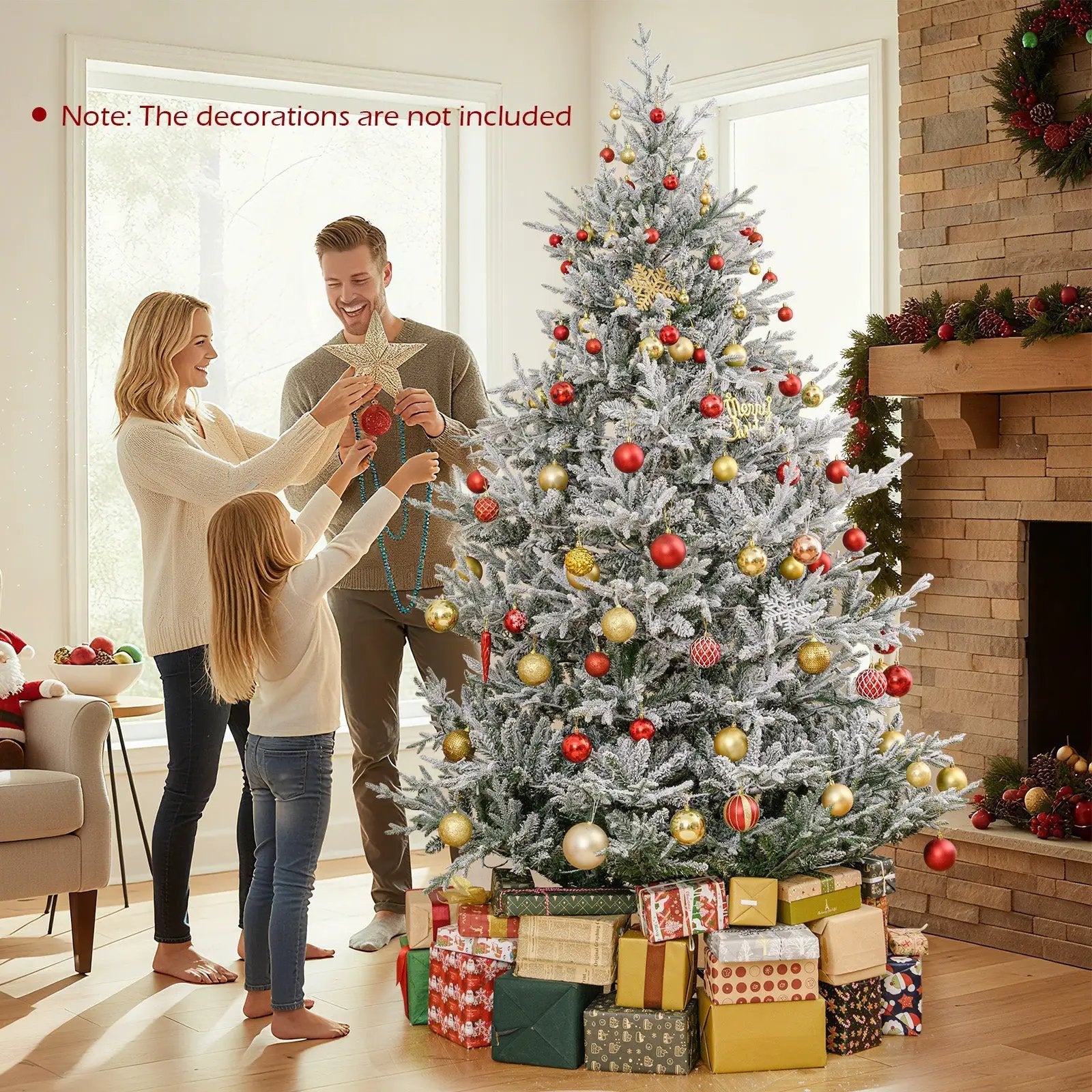 6/7/8 Feet Pre-Lit Artificial Christmas Tree Hinged Snow Flocked Xmas Tree by DirectDeals
