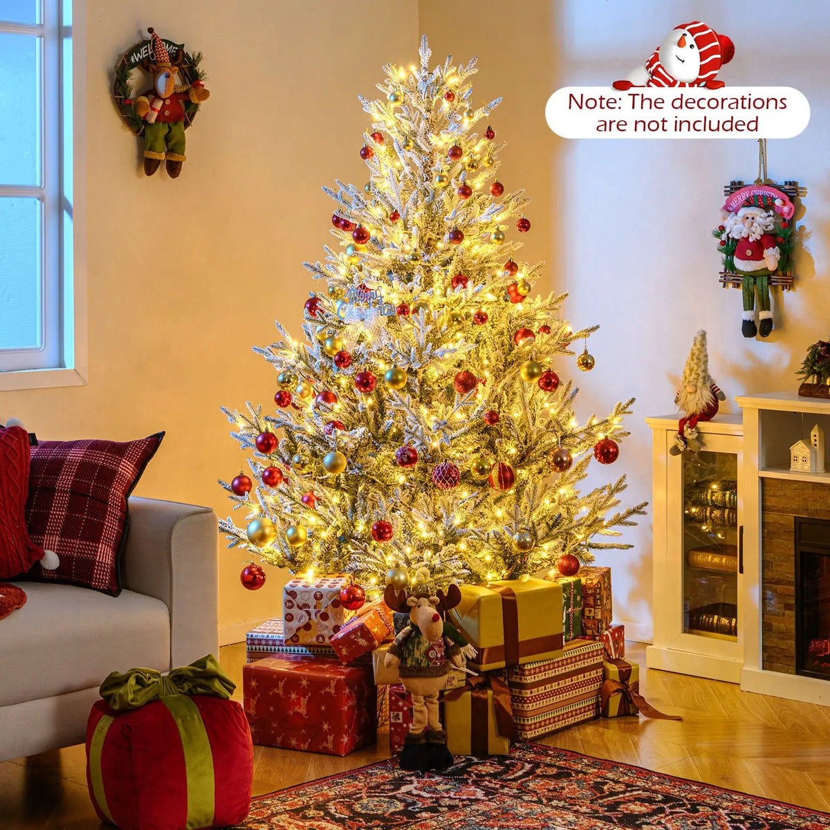 6/7/8 Feet Pre-Lit Artificial Christmas Tree Hinged Snow Flocked Xmas Tree by DirectDeals