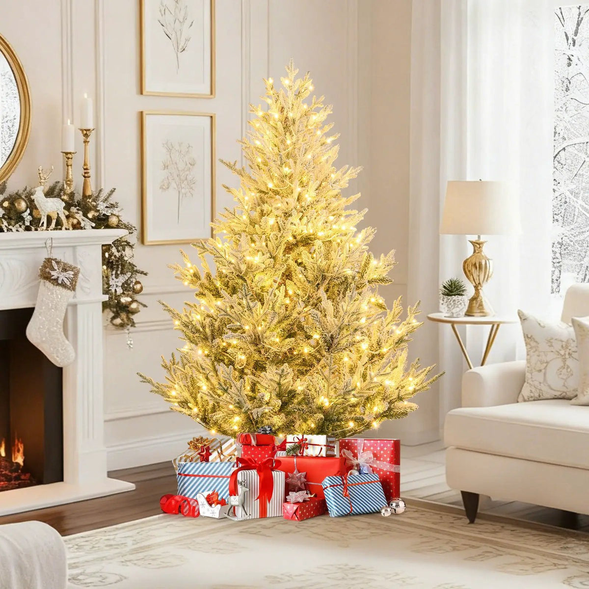 6/7/8 Feet Pre-Lit Artificial Christmas Tree Hinged Snow Flocked Xmas Tree by DirectDeals