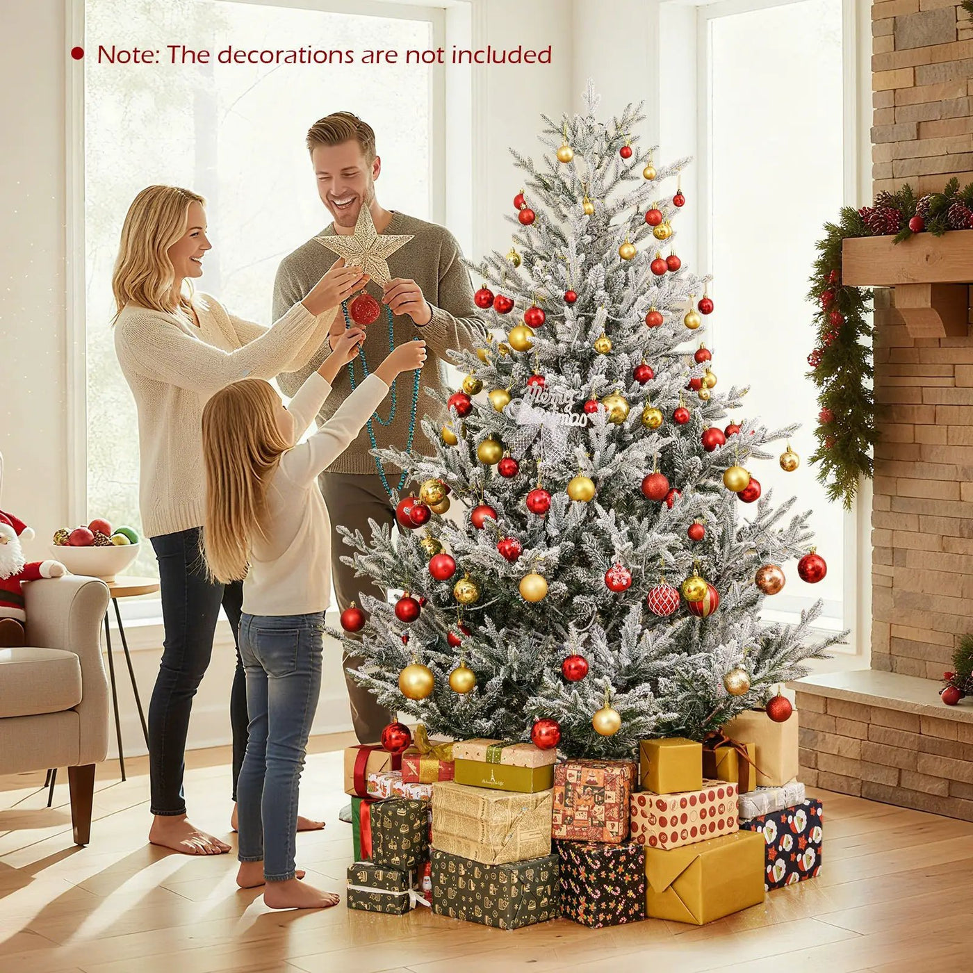 6/7/8 Feet Pre-Lit Artificial Christmas Tree Hinged Snow Flocked Xmas Tree by DirectDeals