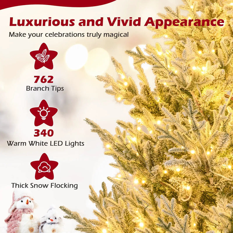6/7/8 Feet Pre-Lit Artificial Christmas Tree Hinged Snow Flocked Xmas Tree by DirectDeals