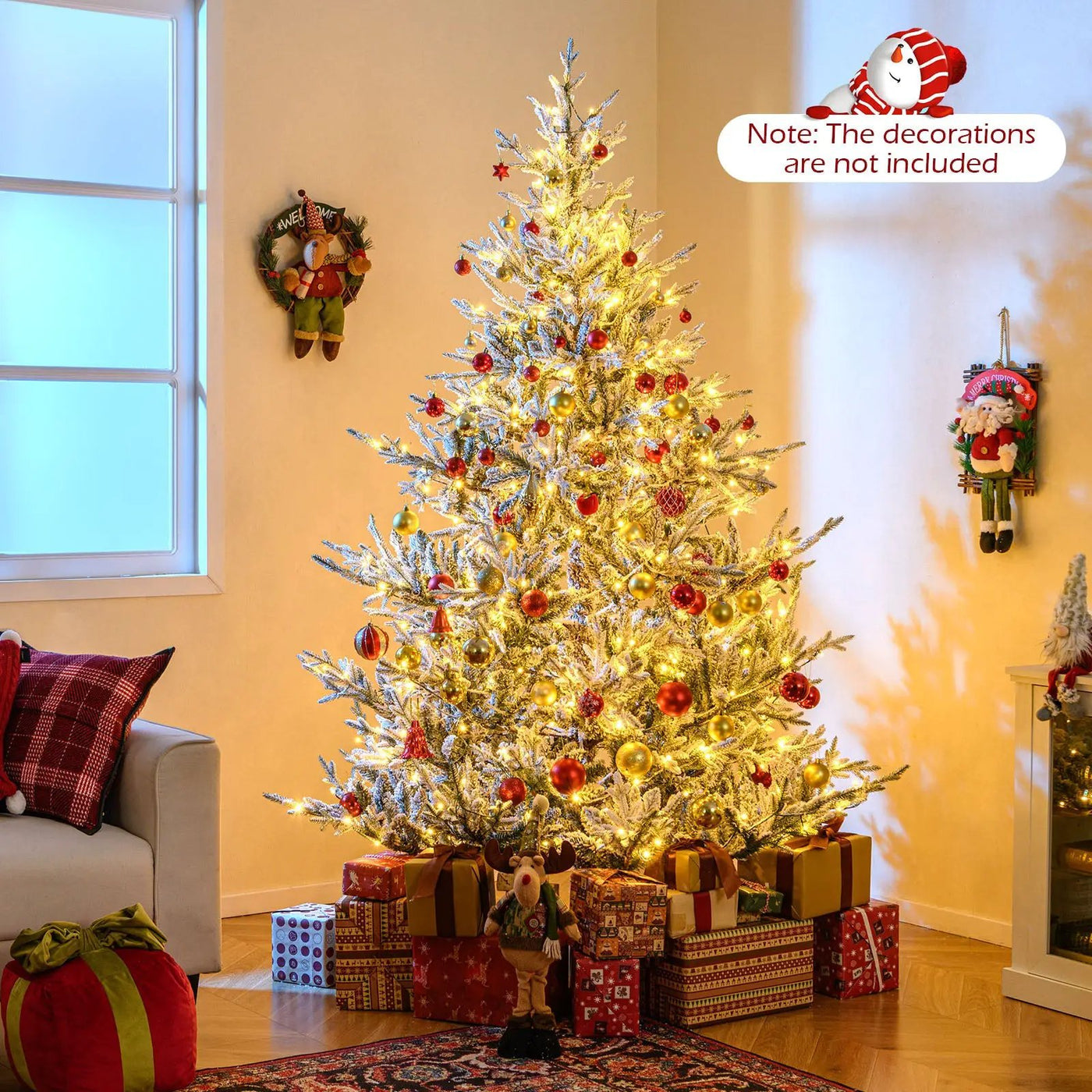 6/7/8 Feet Pre-Lit Artificial Christmas Tree Hinged Snow Flocked Xmas Tree by DirectDeals
