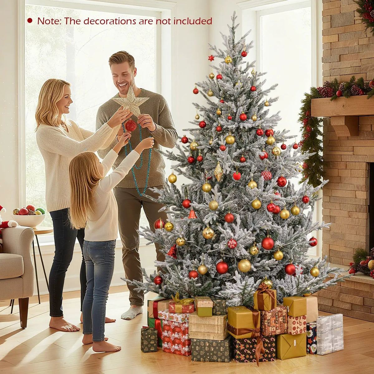 6/7/8 Feet Pre-Lit Artificial Christmas Tree Hinged Snow Flocked Xmas Tree by DirectDeals