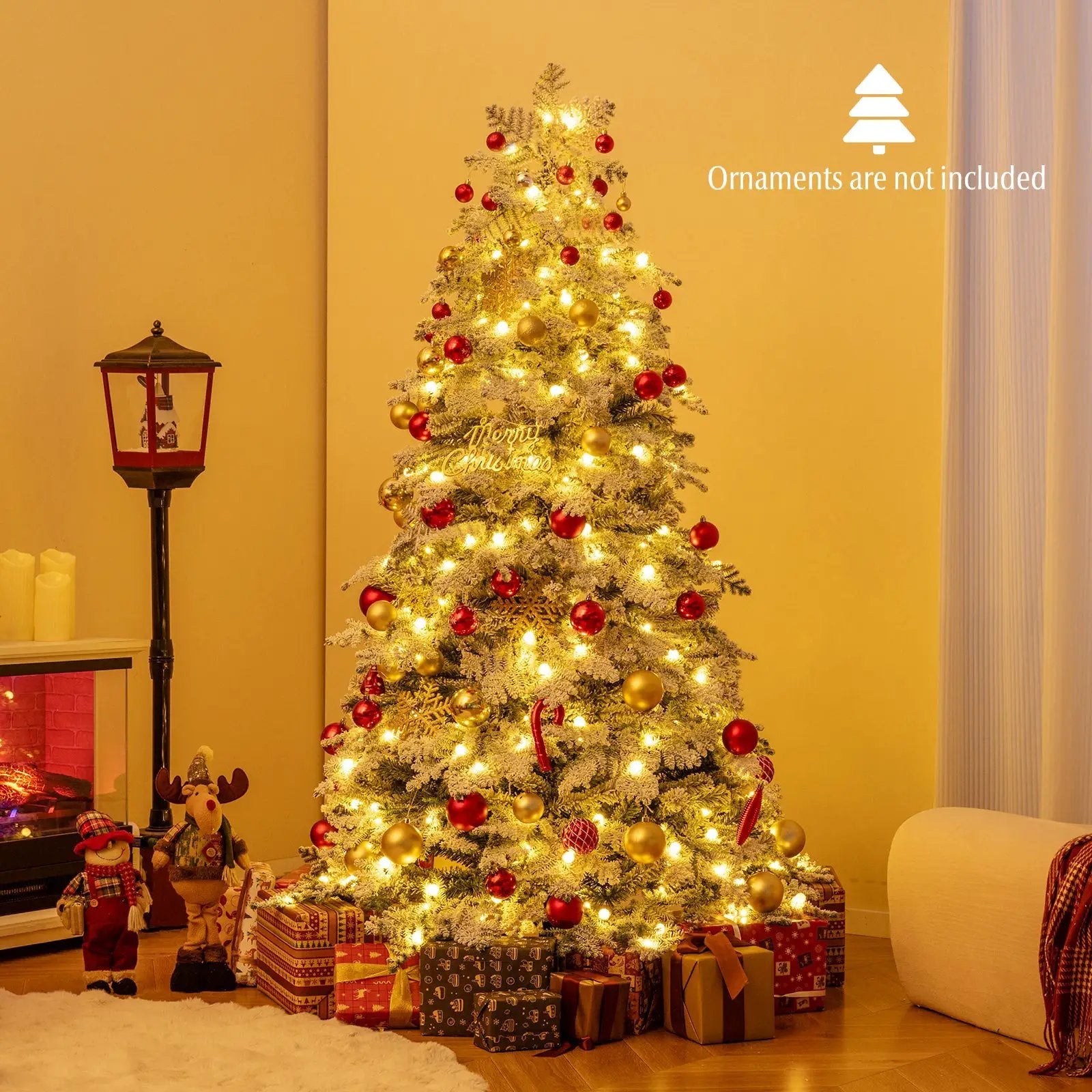 6/7 Feet Artificial Snow-flocked Christmas Tree Pre-lit Hinged Xmas Tree with 130 Twinkle Balls by DirectDeals