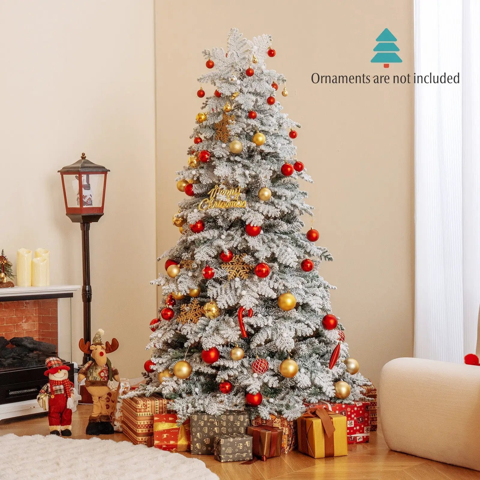 6/7 Feet Artificial Snow-flocked Christmas Tree Pre-lit Hinged Xmas Tree with 130 Twinkle Balls by DirectDeals