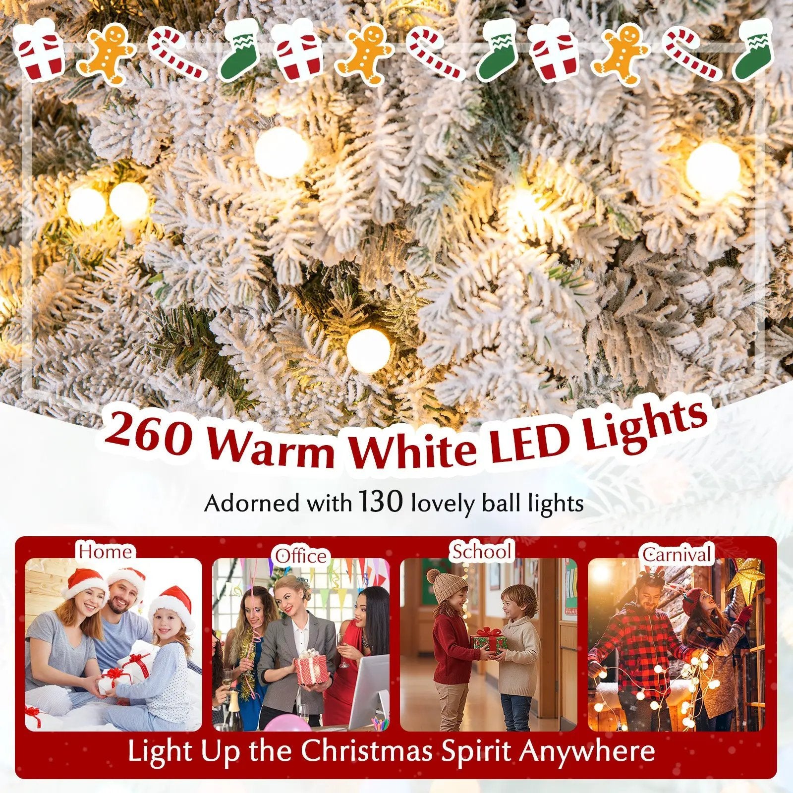 6/7 Feet Artificial Snow-flocked Christmas Tree Pre-lit Hinged Xmas Tree with 130 Twinkle Balls by DirectDeals