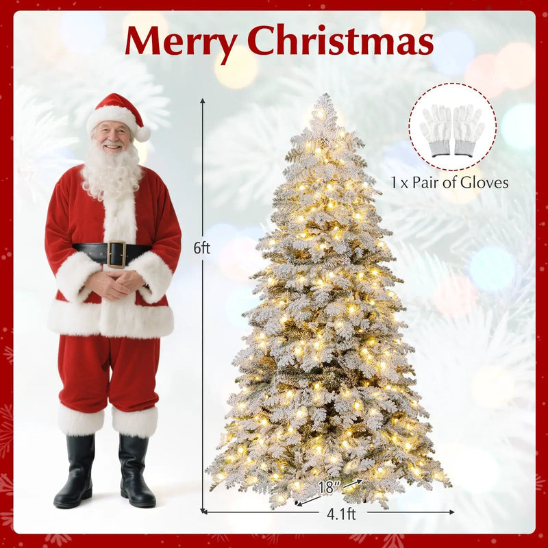 6/7 Feet Artificial Snow-flocked Christmas Tree Pre-lit Hinged Xmas Tree with 130 Twinkle Balls by DirectDeals