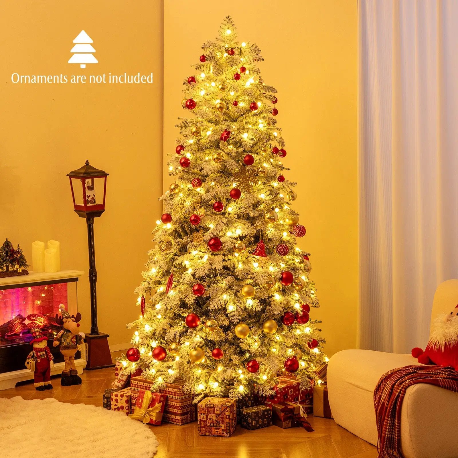 6/7 Feet Artificial Snow-flocked Christmas Tree Pre-lit Hinged Xmas Tree with 130 Twinkle Balls by DirectDeals