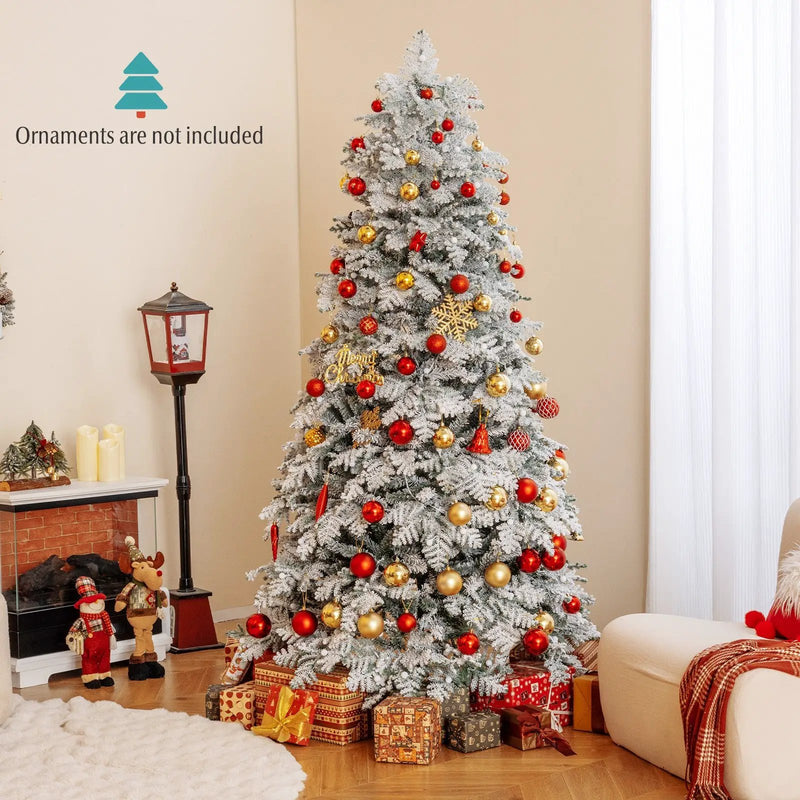 6/7 Feet Artificial Snow-flocked Christmas Tree Pre-lit Hinged Xmas Tree with 130 Twinkle Balls by DirectDeals