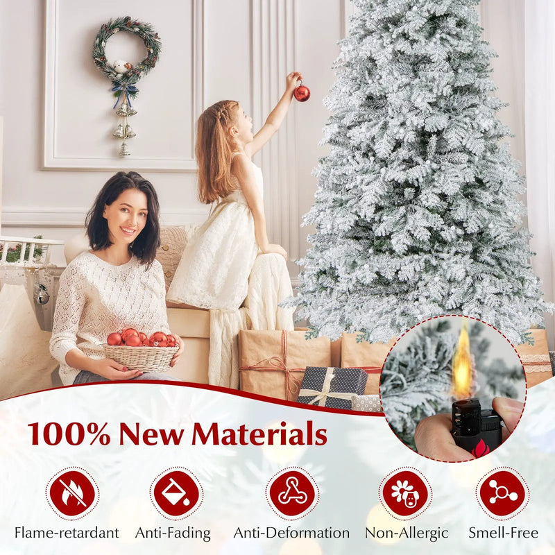 6/7 Feet Artificial Snow-flocked Christmas Tree Pre-lit Hinged Xmas Tree with 130 Twinkle Balls by DirectDeals