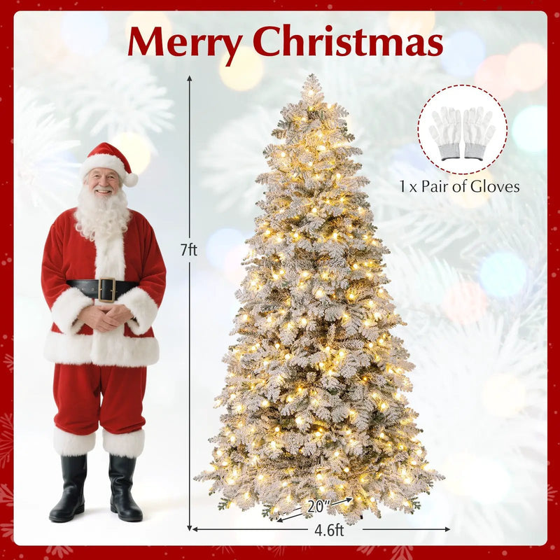 6/7 Feet Artificial Snow-flocked Christmas Tree Pre-lit Hinged Xmas Tree with 130 Twinkle Balls by DirectDeals