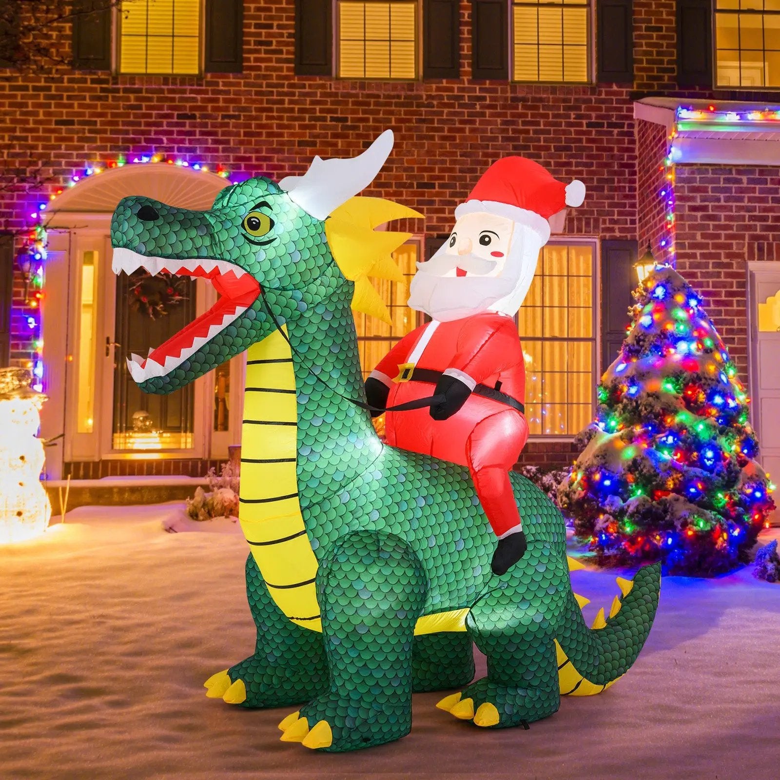 6.7 Feet Christmas Inflatable Santa Claus Ride on Dinosaur with Built-in LED Lights by DirectDeals