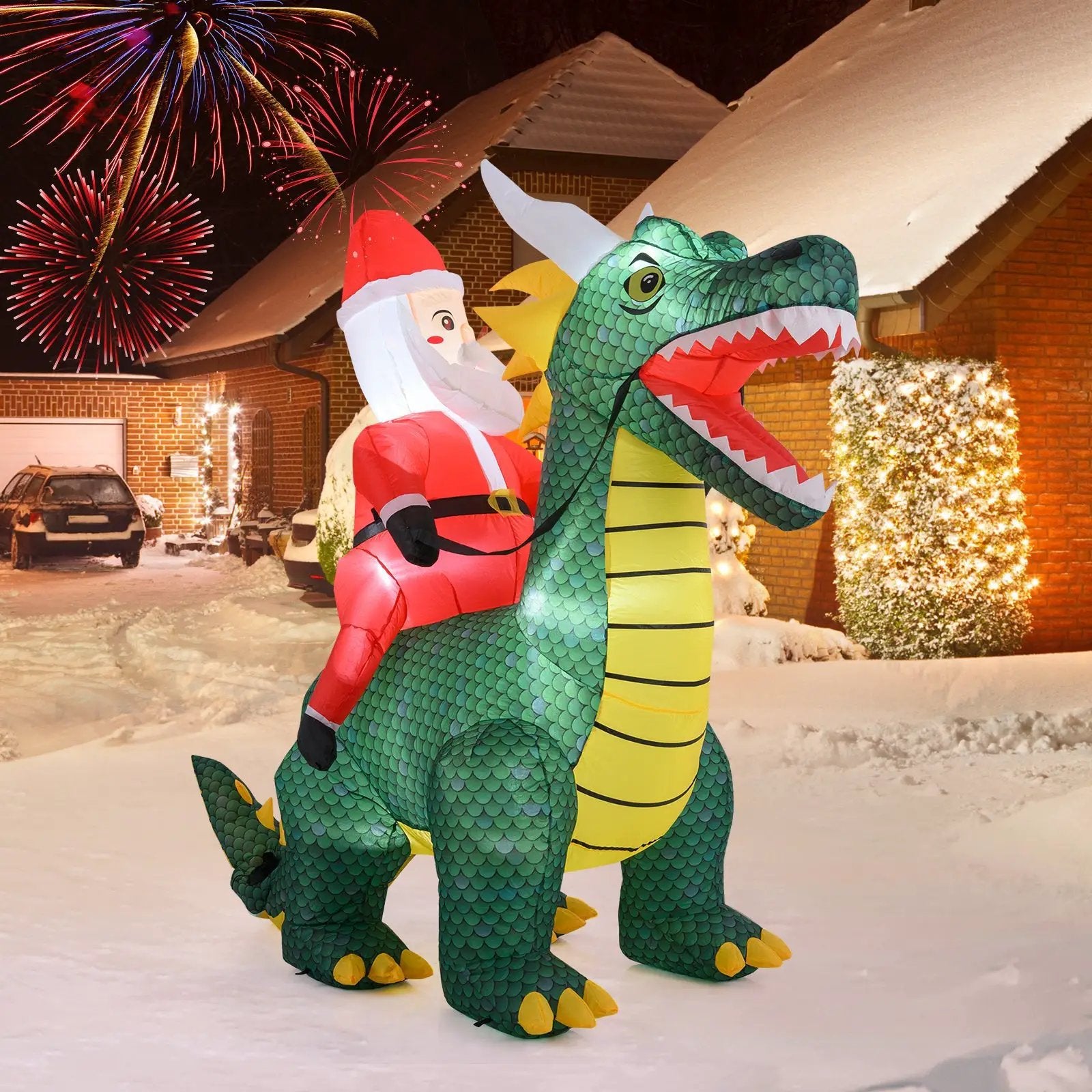 6.7 Feet Christmas Inflatable Santa Claus Ride on Dinosaur with Built-in LED Lights by DirectDeals