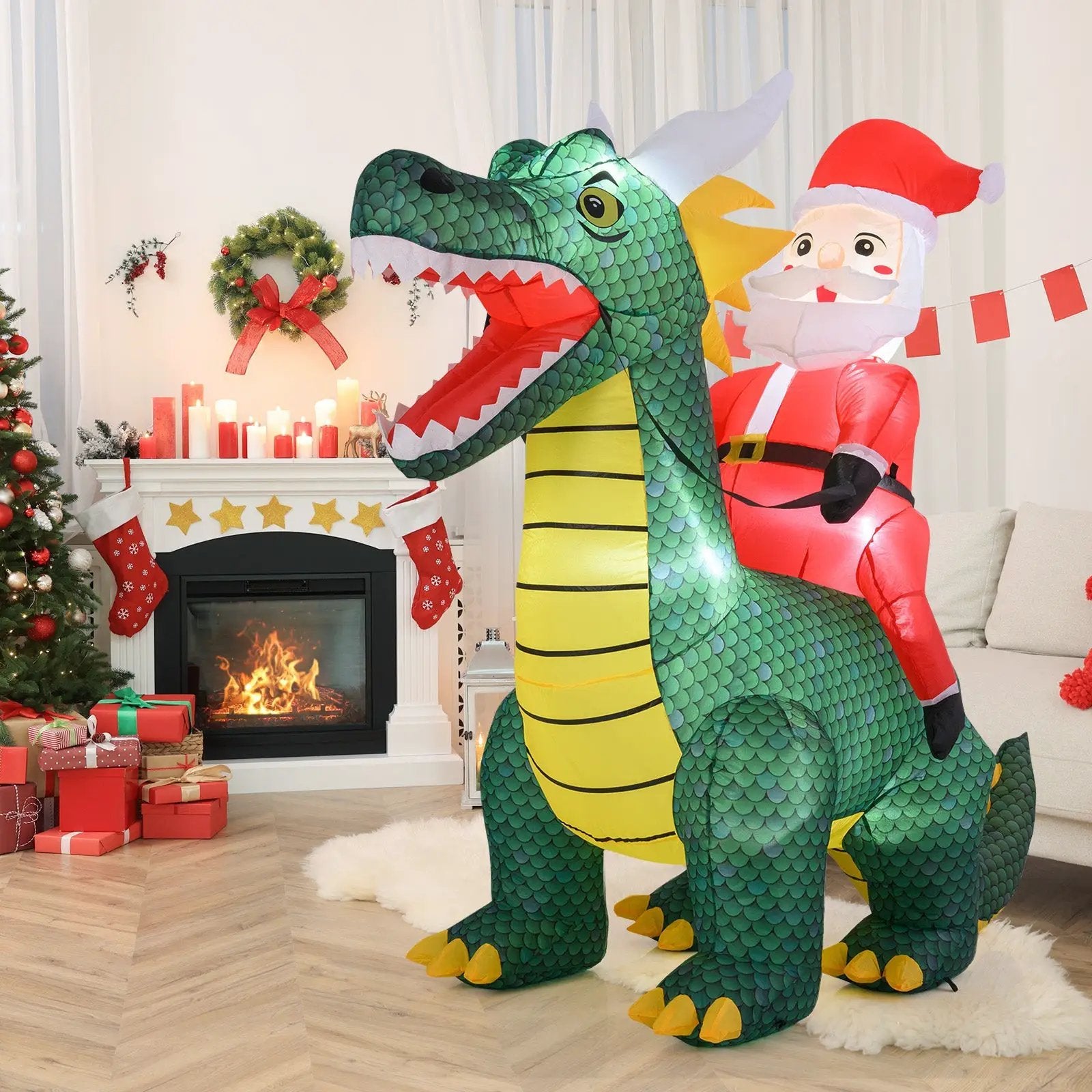 6.7 Feet Christmas Inflatable Santa Claus Ride on Dinosaur with Built-in LED Lights by DirectDeals