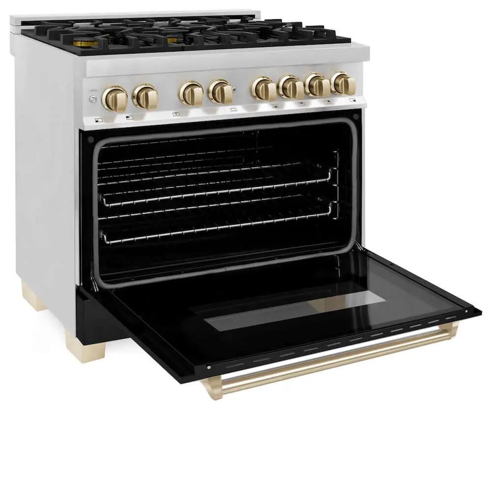 ZLINE 36" Autograph Dual Fuel Range, Black, Gold, RAZ-BLM-36-G by Farmhouse Kitchen and Bath