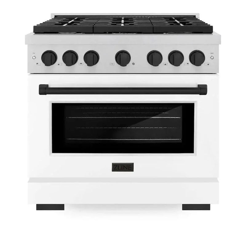 ZLINE 36"Gas Range, Convection Gas Oven, DuraSnow® White Matte, Matte Black SGRSZ-WM-36-MB by Farmhouse Kitchen and Bath
