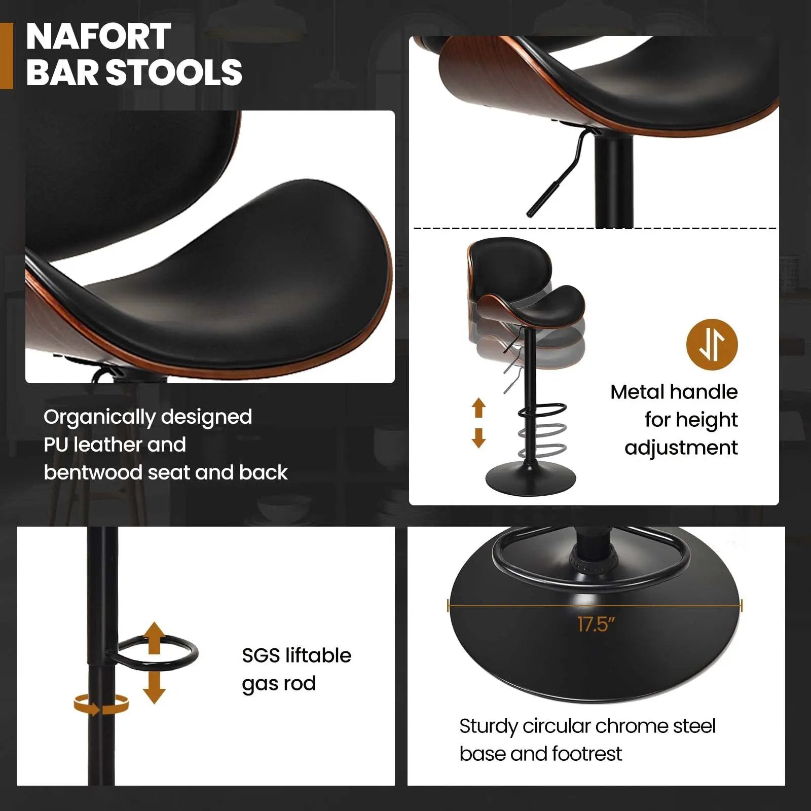 Set of 2 Adjustable Swivel PU Leather Bar Stools with Curved Footrest by DirectDeals