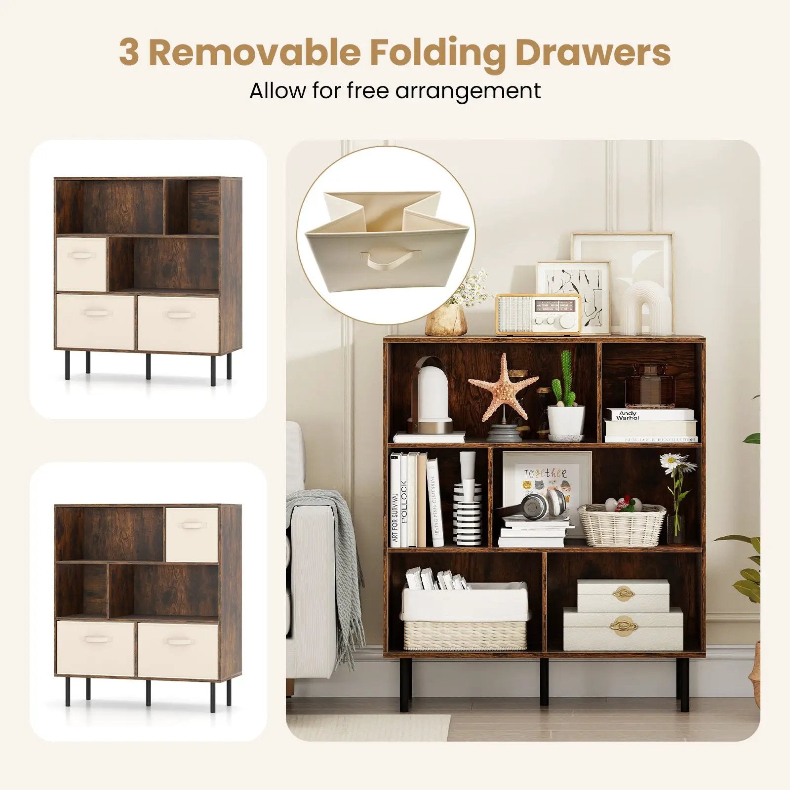 6-Cube Bookshelf with 3 Removable Folding Fabric Drawers for Living Room by DirectDeals