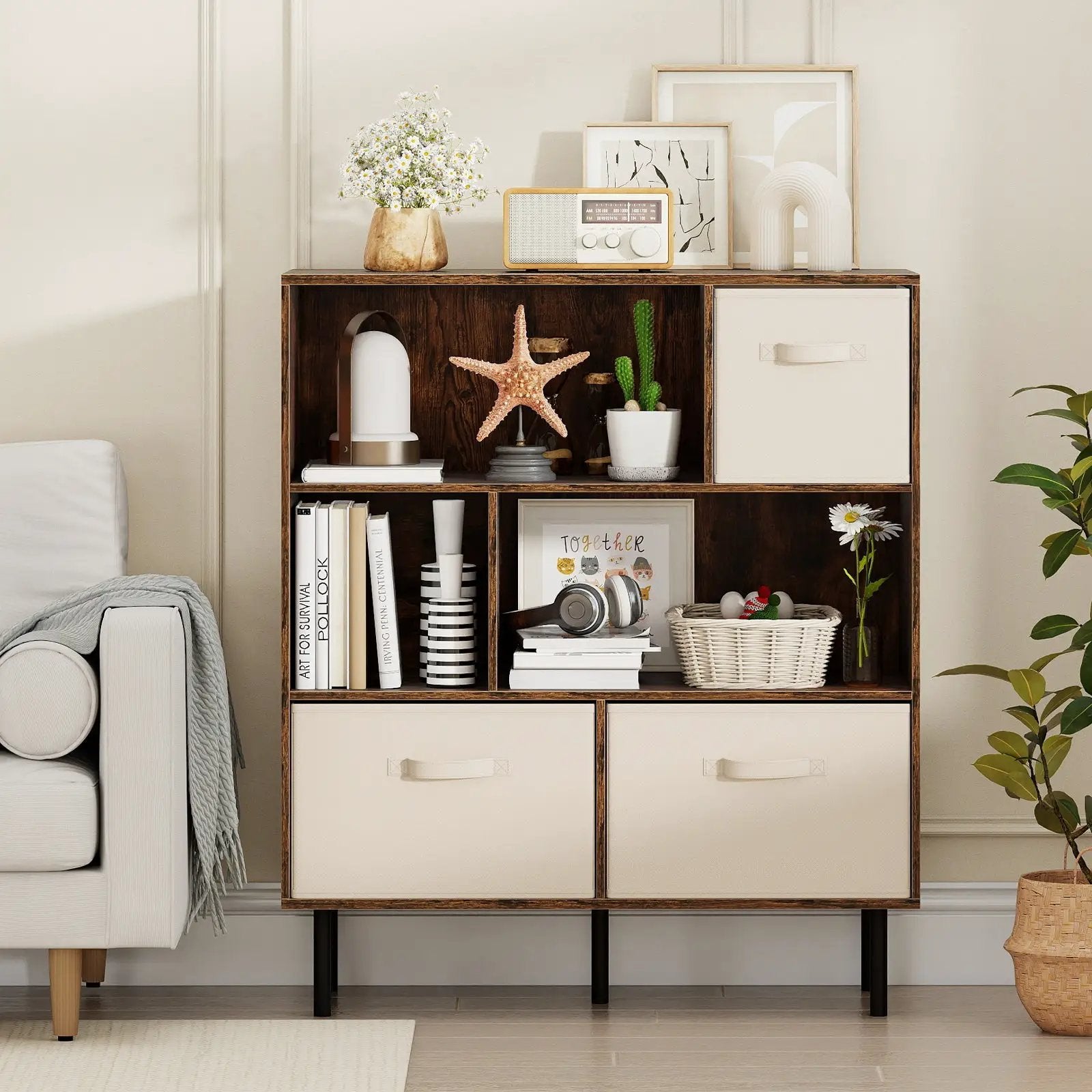 6-Cube Bookshelf with 3 Removable Folding Fabric Drawers for Living Room by DirectDeals