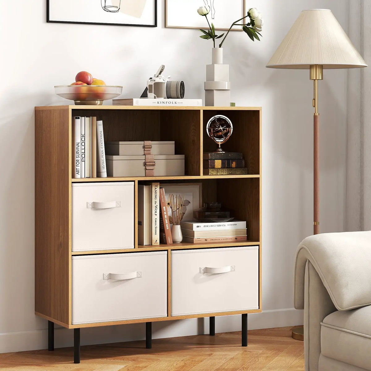6-Cube Bookshelf with 3 Removable Folding Fabric Drawers for Living Room by DirectDeals