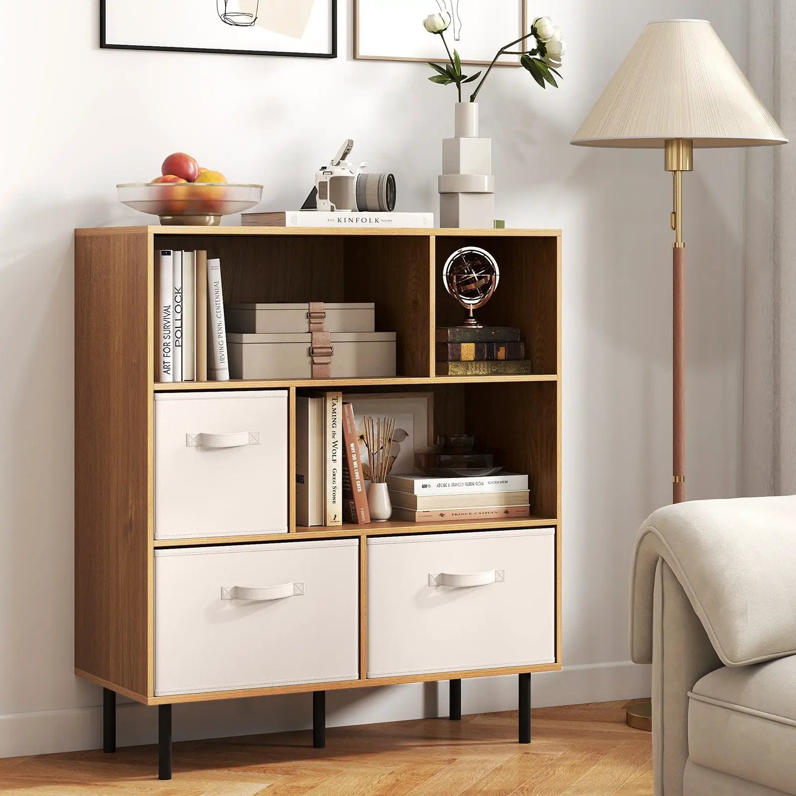 6-Cube Bookshelf with 3 Removable Folding Fabric Drawers for Living Room by DirectDeals