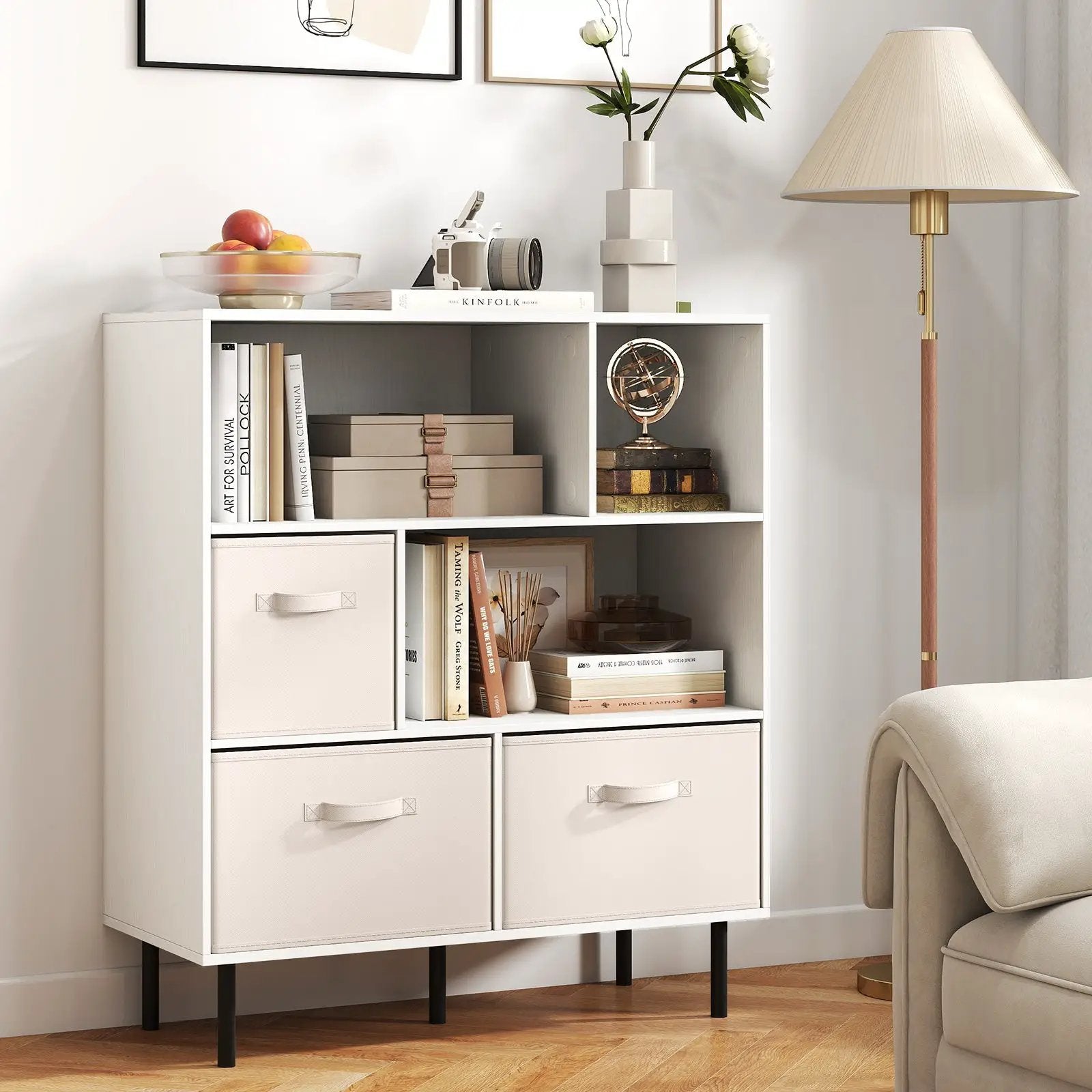 6-Cube Bookshelf with 3 Removable Folding Fabric Drawers for Living Room by DirectDeals