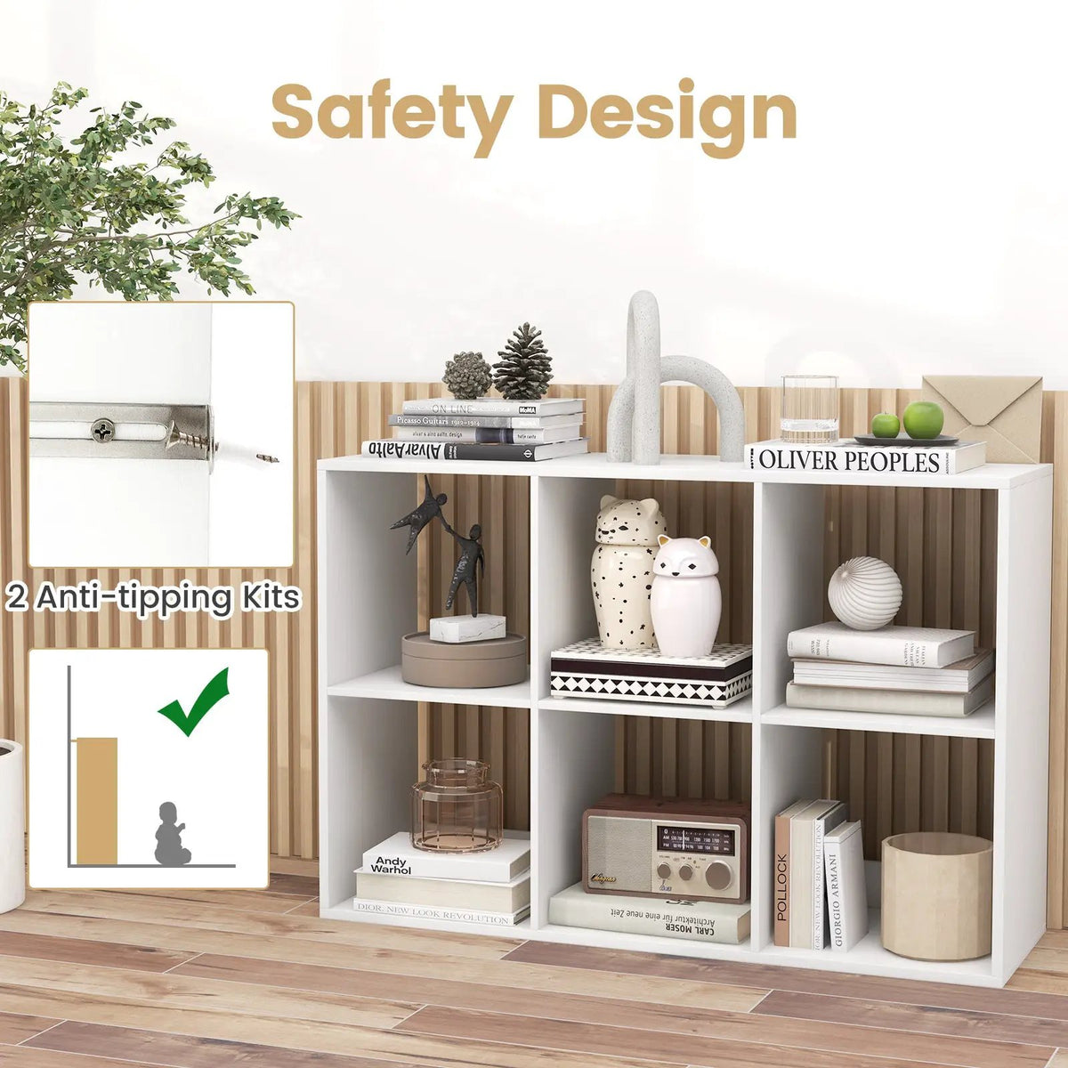 6 Cube Bookshelf with Back Guardrail for Living Room Bedroom by DirectDeals