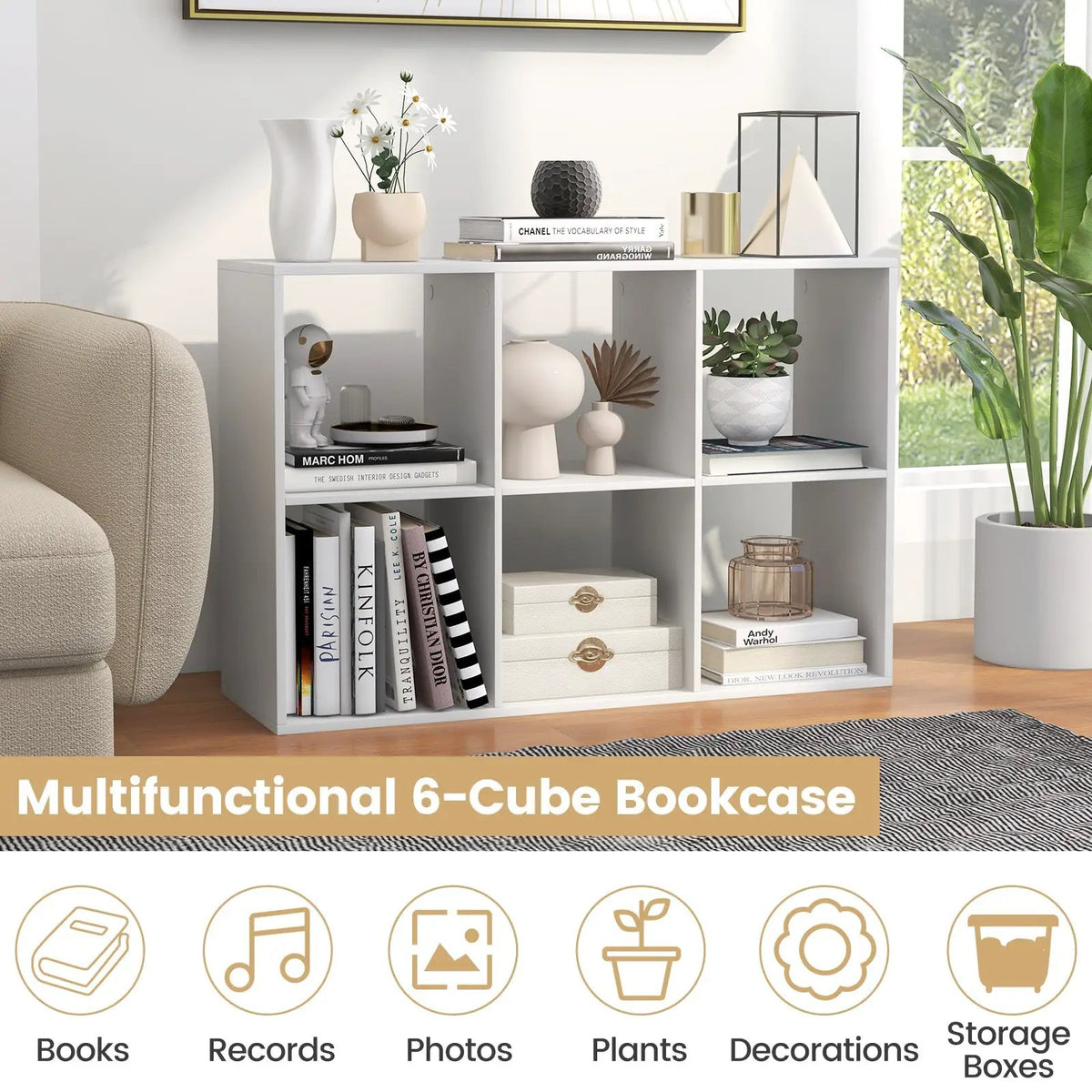 6 Cube Bookshelf with Back Guardrail for Living Room Bedroom by DirectDeals