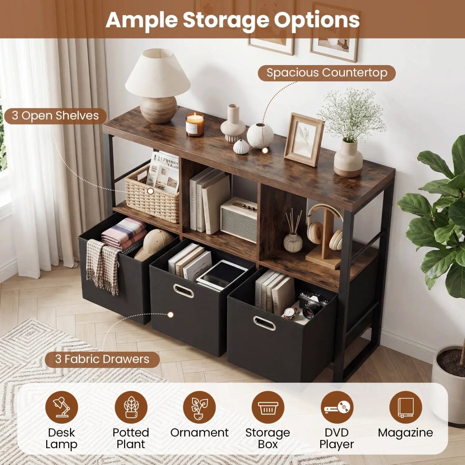 6-Cube Industrial Bookshelf with Storage Bins & Metal Frame by DirectDeals