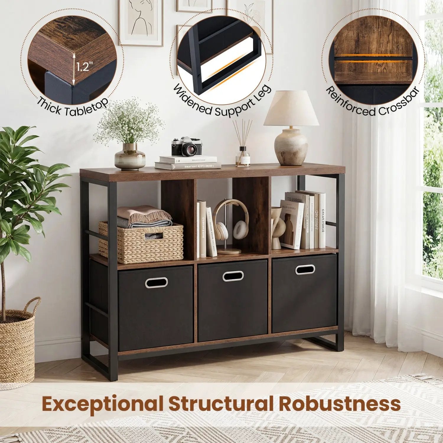 6-Cube Industrial Bookshelf with Storage Bins & Metal Frame by DirectDeals