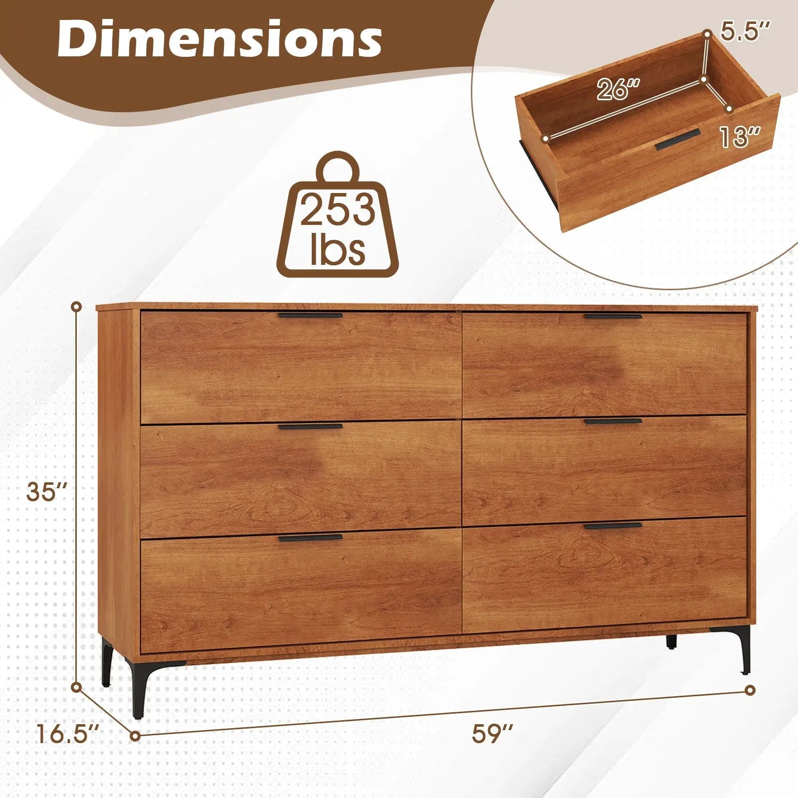6-Drawer Dresser with Interlock System for Bedroom Living Room-Cherry by DirectDeals