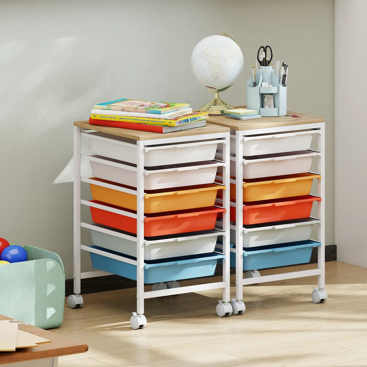 6-Drawer Rolling Storage Cart with Wooden Tabletop by DirectDeals