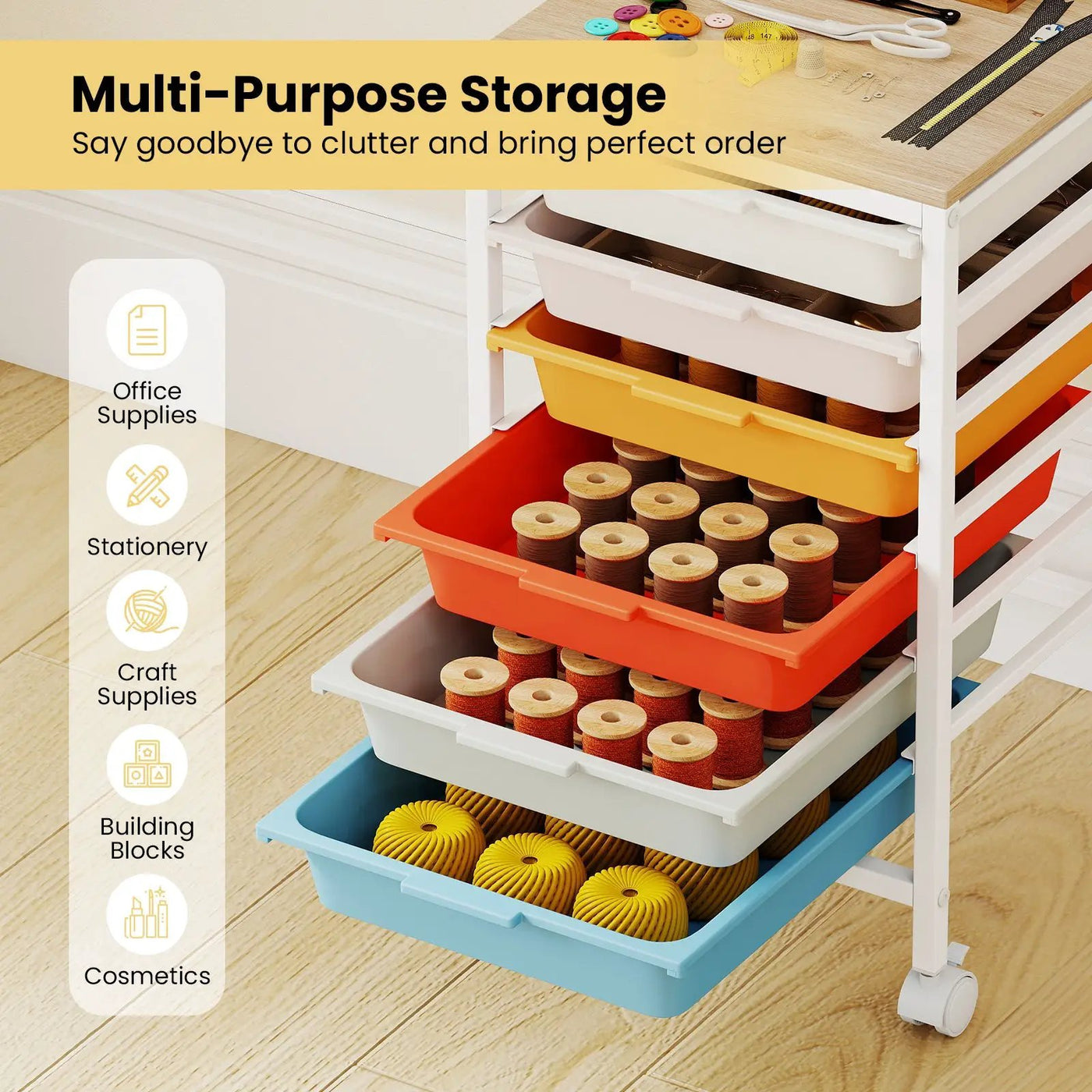 6-Drawer Rolling Storage Cart with Wooden Tabletop by DirectDeals