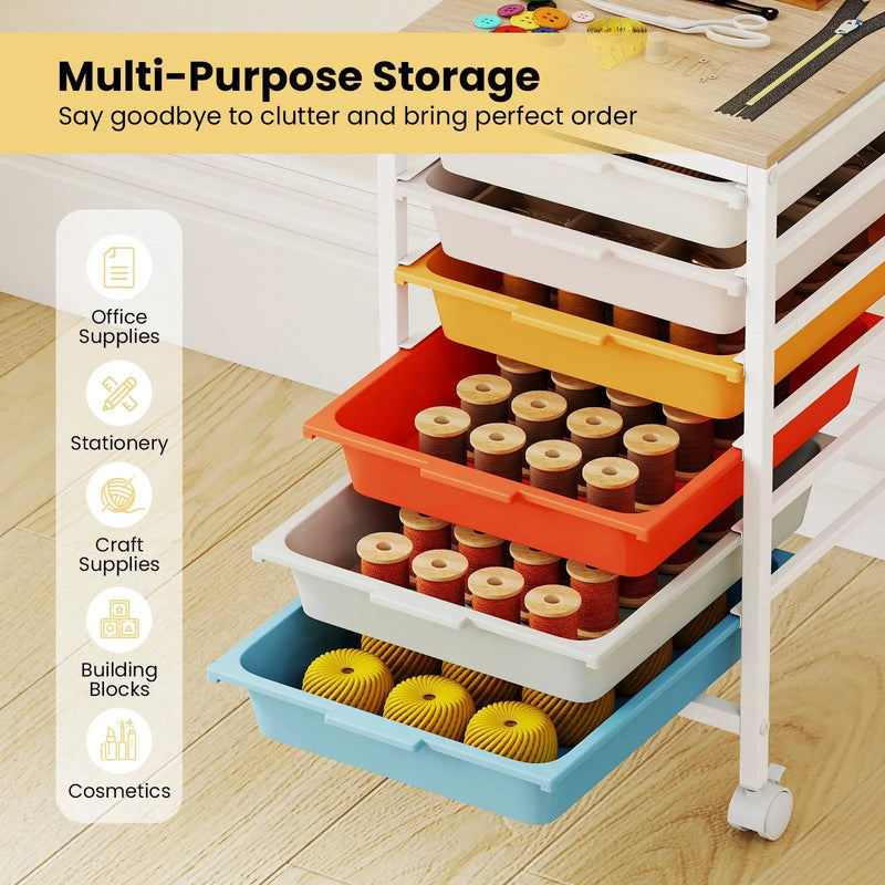 6-Drawer Rolling Storage Cart with Wooden Tabletop by DirectDeals