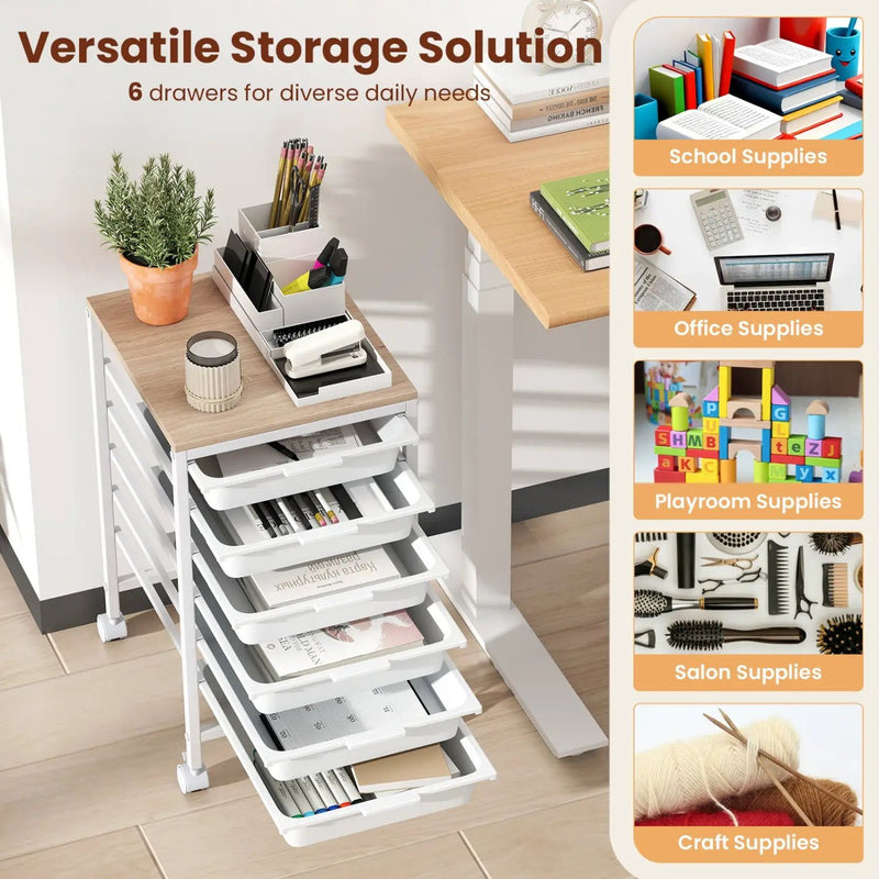 6-Drawer Rolling Storage Cart with Wooden Tabletop by DirectDeals