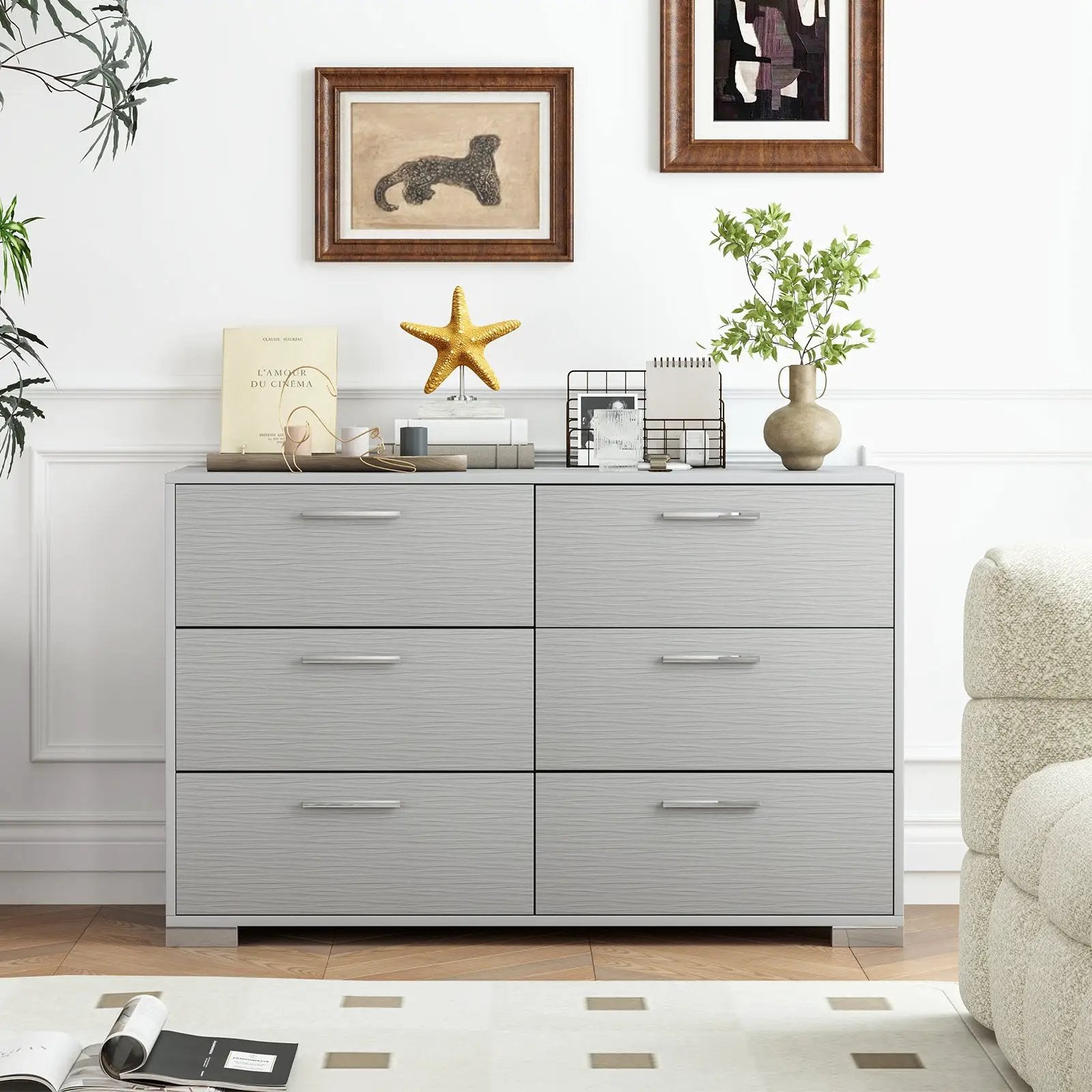 6 Drawer Storage Cabinet with Metal Legs Handles with Anti-Toppling Devices-Grey by DirectDeals